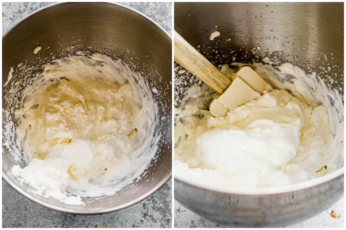 Two images showing whipped cream in a stainless steel bowl and then yogurt being stirred in.