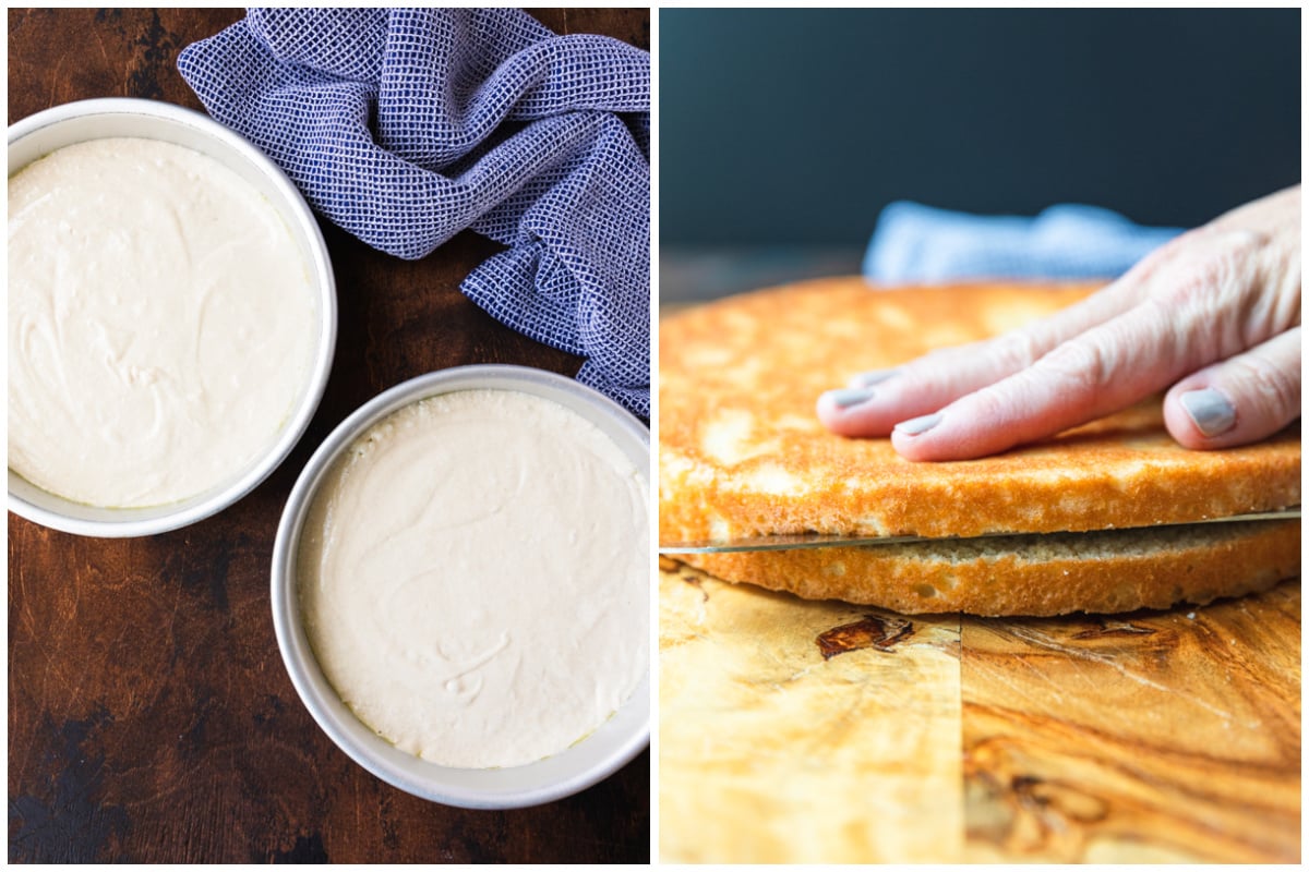 Two images showing a coconut cake before it's baked then after it's cooled and being sliced in half with a sharp knife.