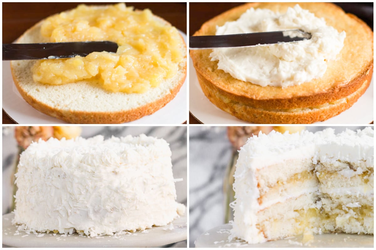 Four images showing how to make coconut cake with pineapple filling by assembling and frosting the cake on a platter.