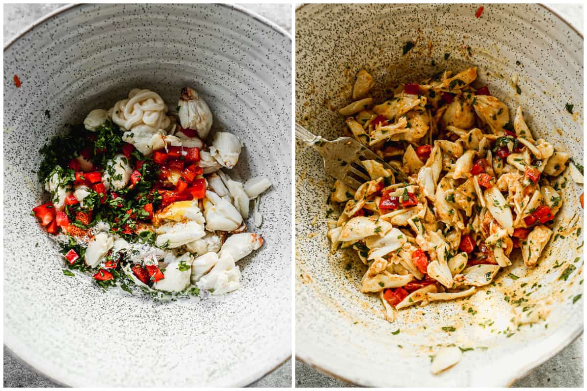 Two images showing all of the ingredients for crab cakes in a bowl, then an image of it mixed together.