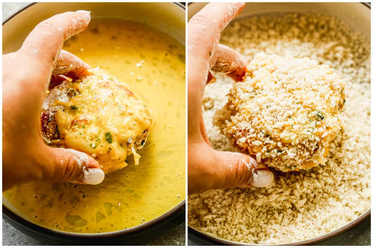 Two images showing a crab cake being dipped in egg, then Panko breadcrumbs to make Crab Cake Benedict.