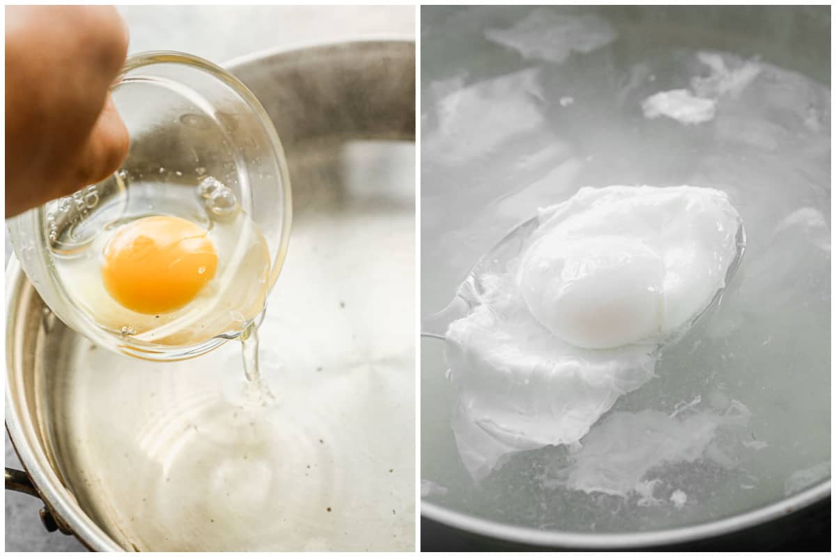 Two images showing how to poach an egg, with the egg being lifted down to the water, then the poached egg ready to come out. 