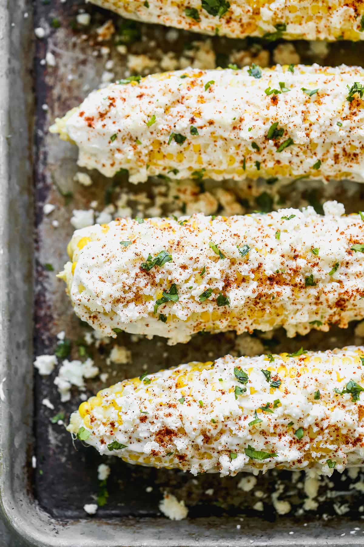 A close-up image of Elote, or Mexican Street corn, ready to enjoy.