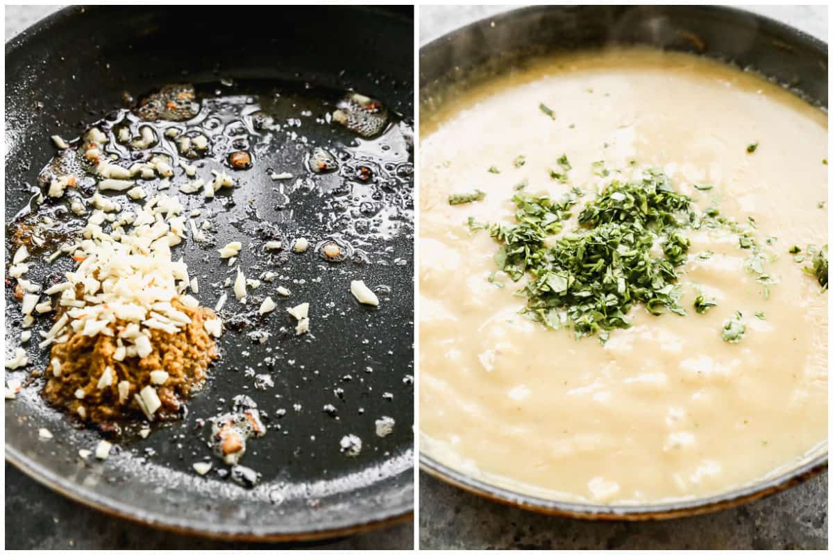 Two images showing curry paste and garlic being sautéed in a pan, and then more ingredients added to make a green curry sauce, sprinkled with cilantro.