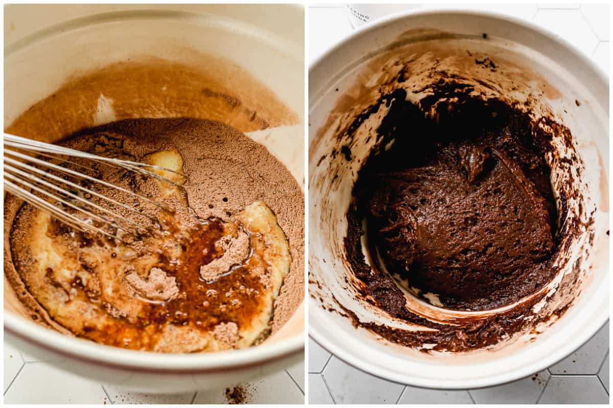 A two image collage showing eggs, buttermilk, oil, and vanilla being mixed into dry ingredients, then a picture of thick chocolate cake batter.
