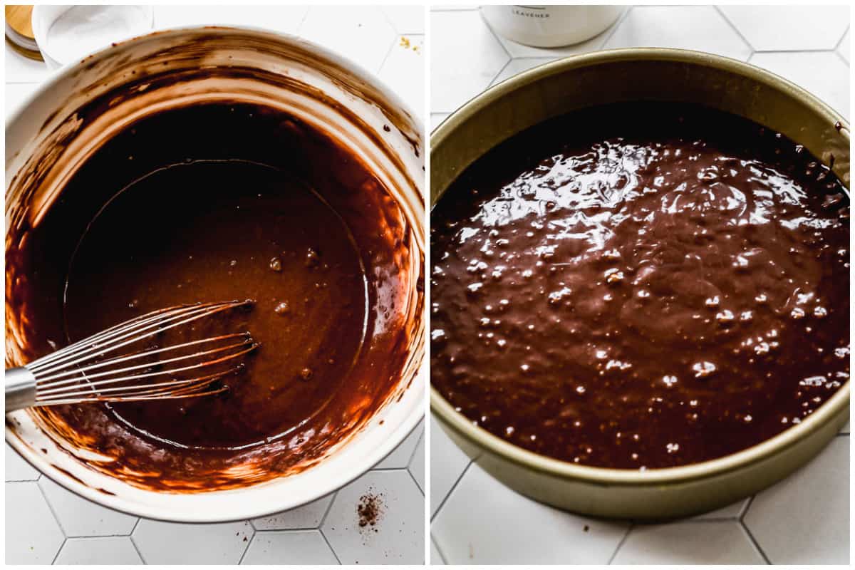 A two image collage showing thin chocolate cake batter in a mixing bowl, and then after it's poured into a cake pan.
