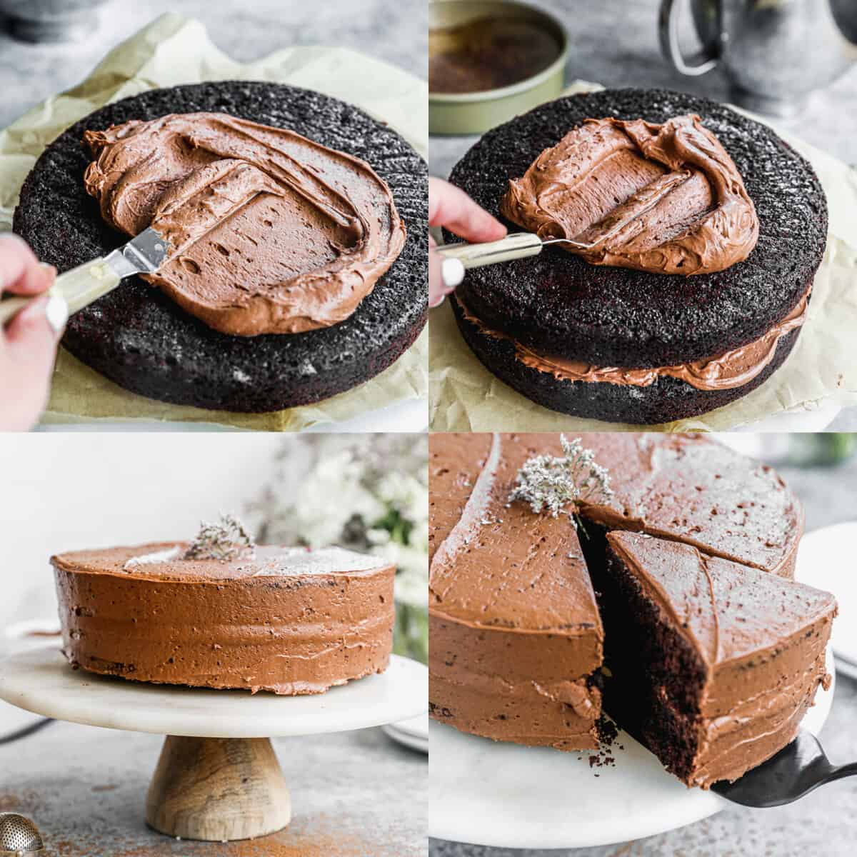 Four images showing how to frost, assemble, and serve the best chocolate cake recipe.