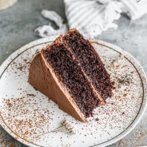 A slice of homemade Chocolate Cake laying on it's side on a white plate dusted with cocoa powder.