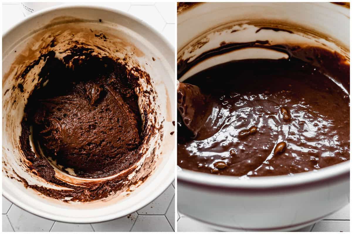 Two images showing the batter for a hershey chocolate cake recipe before and after boiling water is added.