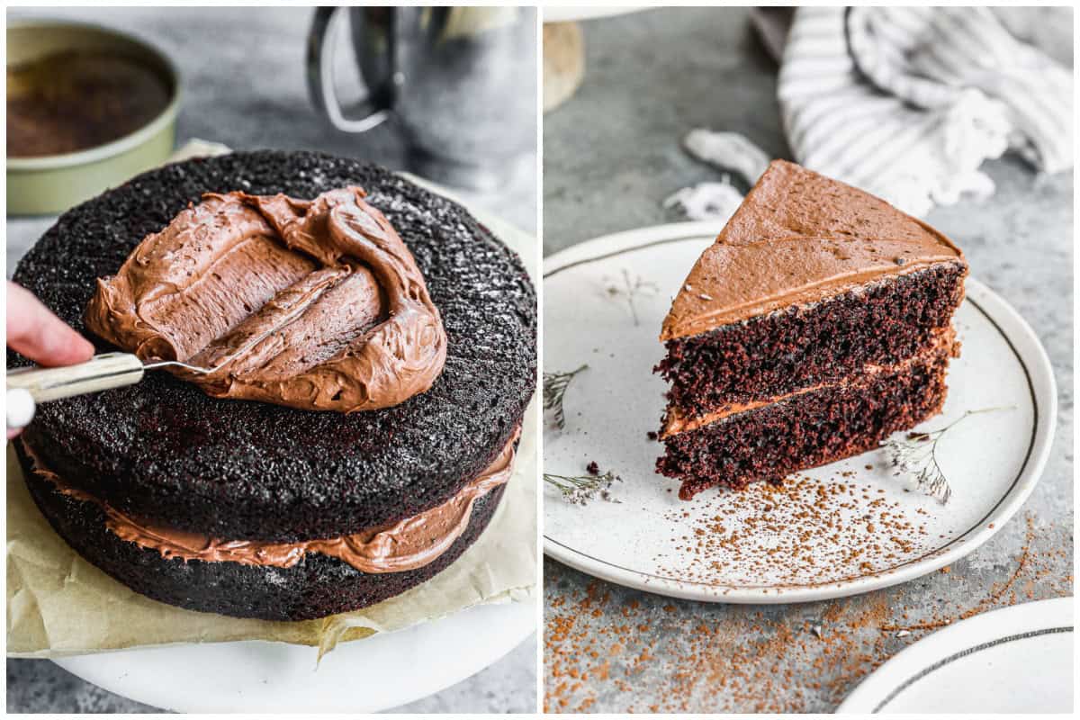 Two images showing a homemade chocolate cake being frosted then after it's cut and a slice is on a plate to serve.