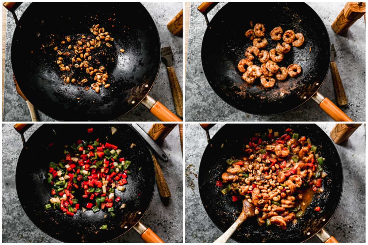 Four images showing the process of Kung Pao Shrimp with peanuts, shrimp, and vegetables being sautéed and then all the components added together for Kung Pao Shrimp.