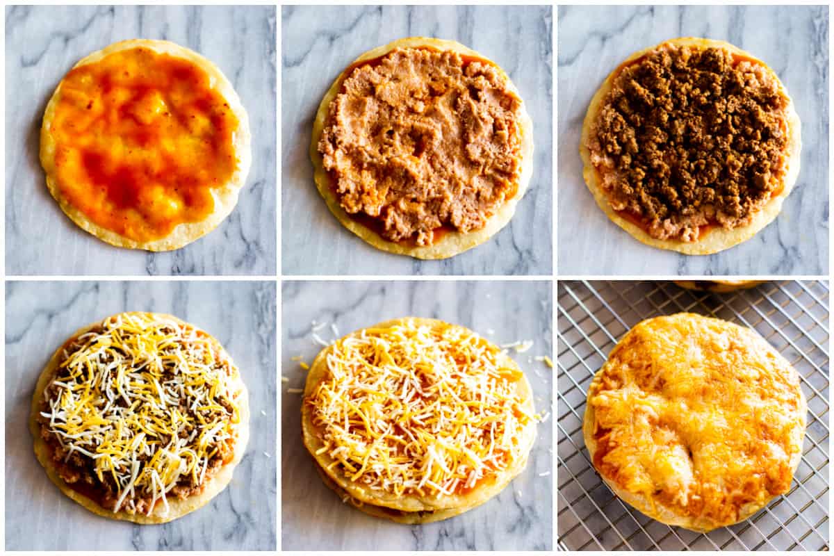 Six images showing the process of making easy Mexican Pizzas.