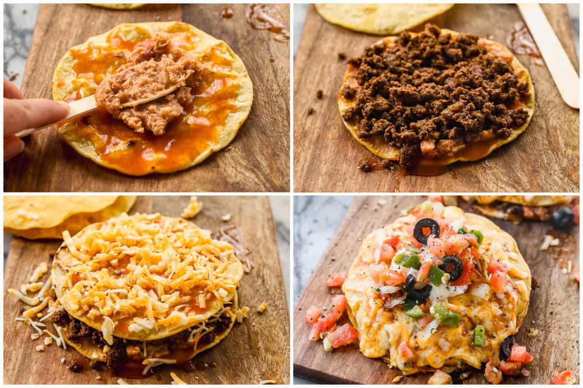 Four images showing how to make mexican pizza by spreading enchilada sauce, refried beans, and taco meat on a lightly fried corn tortilla then topping with another corn tortilla, cheese, and baking until bubbly and adding toppings.