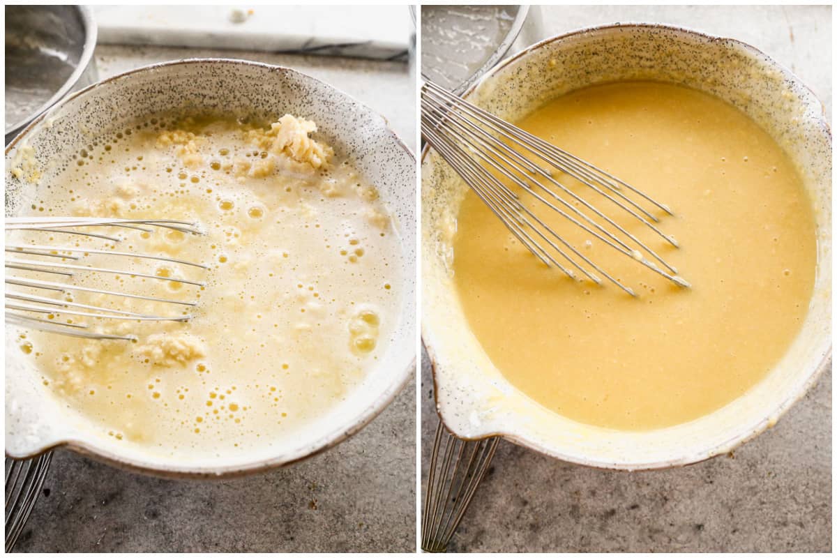 Two images with boiling water with butter added into a bowl with white cake batter, and then the batter mixed to a smooth consistency.