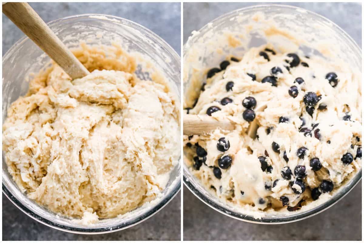 Two images showing a thick homemade blueberry coffee cake batter without blueberries, and then the blueberries folded in.