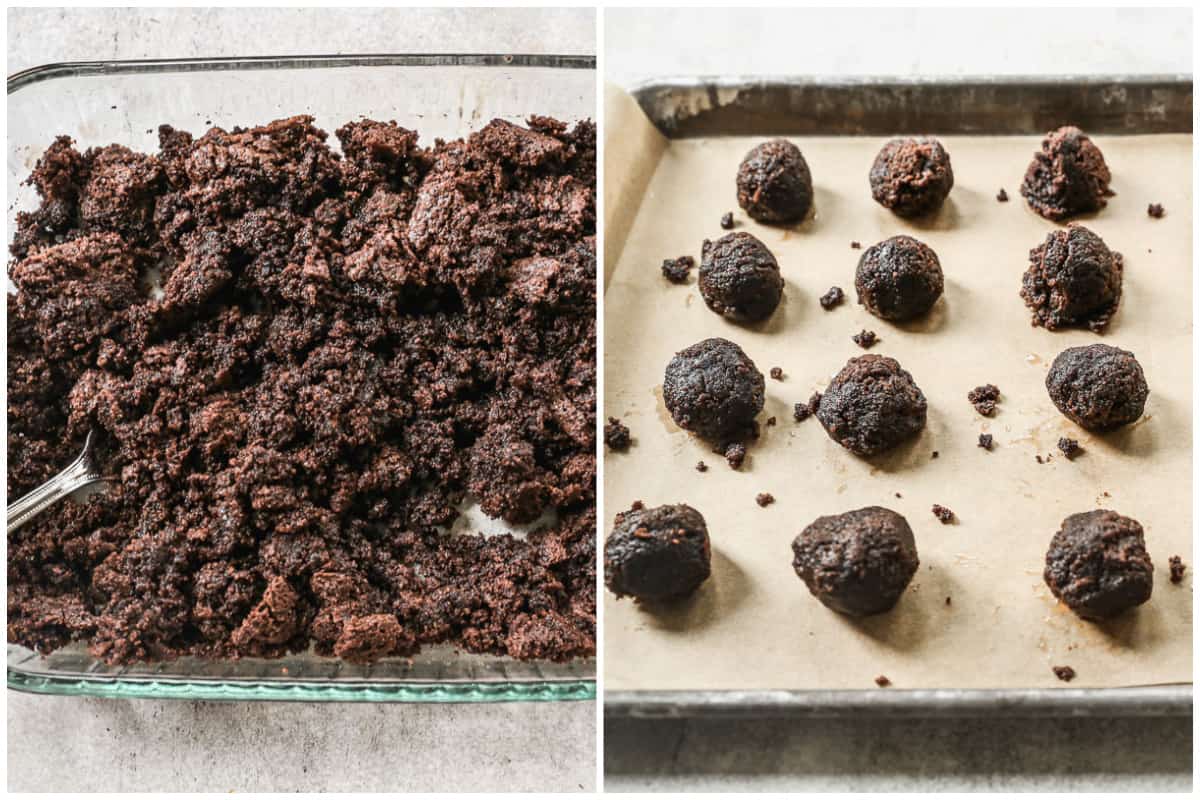 Two images showing a pan of brownies broken up with a fork, then that brownie mixture formed into balls and placed on a parchment paper lined baking sheet.
