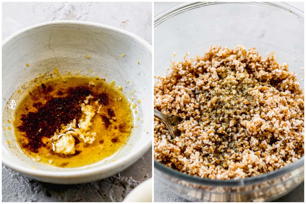 Two images, one with olive oil, lemon juice, lemon zest, ground cumin, and garlic for a salad dressing, and then the salad dressing poured on top of softened bulgur.