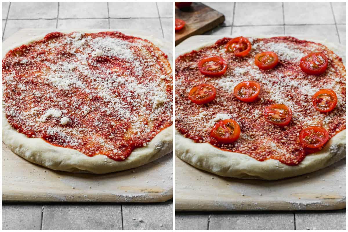 Two images showing pizza sauce and parmesan cheese on a pizza crust, then tomato slices added before it's baked.
