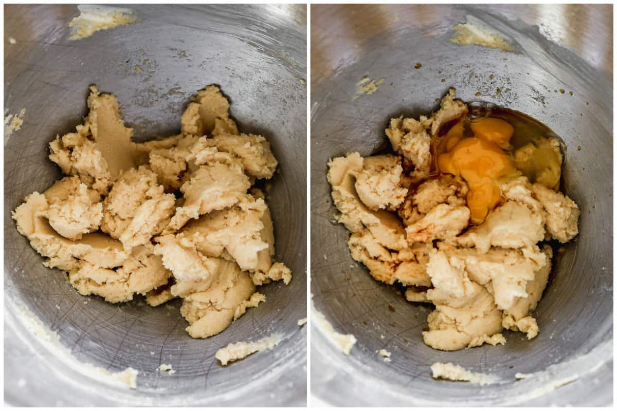 Two images showing butter and sugar creamed together, then an egg and vanilla added.