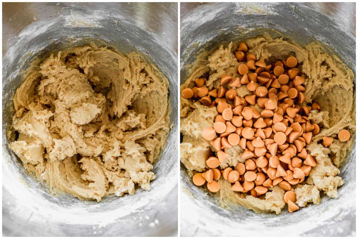 Two images showing cookie dough for Butterscotch Bars mixed together, then butterscotch chips added.