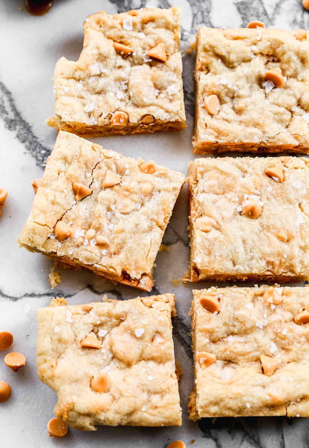 A close-up image of the best Butterscotch Bars, cut into squares and ready to eat.