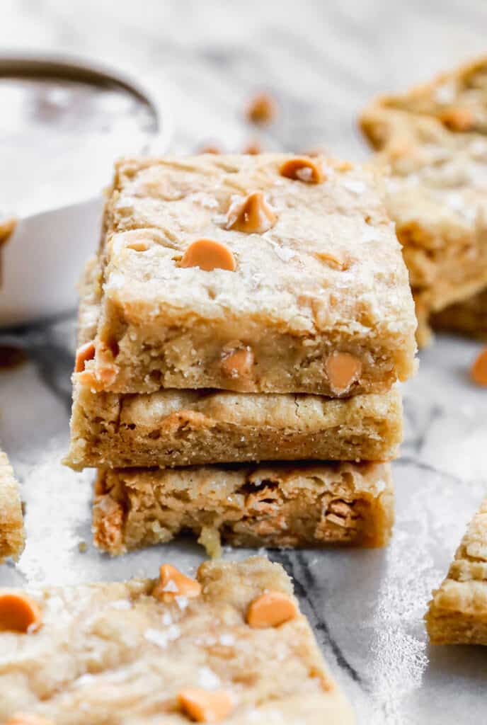 Three easy Butterscotch Bars stacked and ready to enjoy.