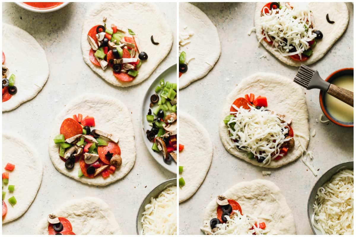 Two images showing how to add toppings for the best calzone recipe.