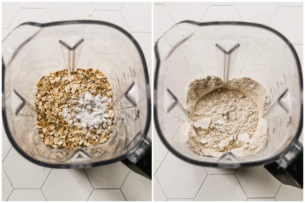 Two images showing rolled oats and baking powder being blended into an oat flour for the best Cottage Cheese Pancakes.
