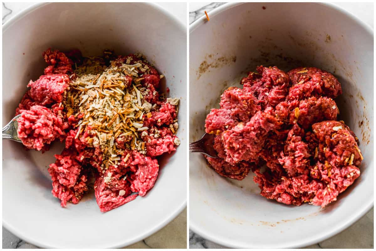 Two images showing ground beef in a bowl with onion soup mix on top, and then the ingredients incorporated for an onion burgers recipe.