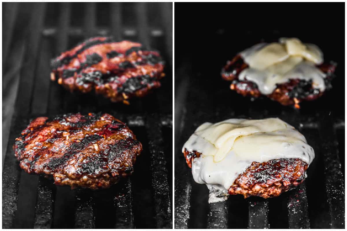 Two images showing burger patties on the grill, and then topped with Gruyère cheese for lipton onion burgers.