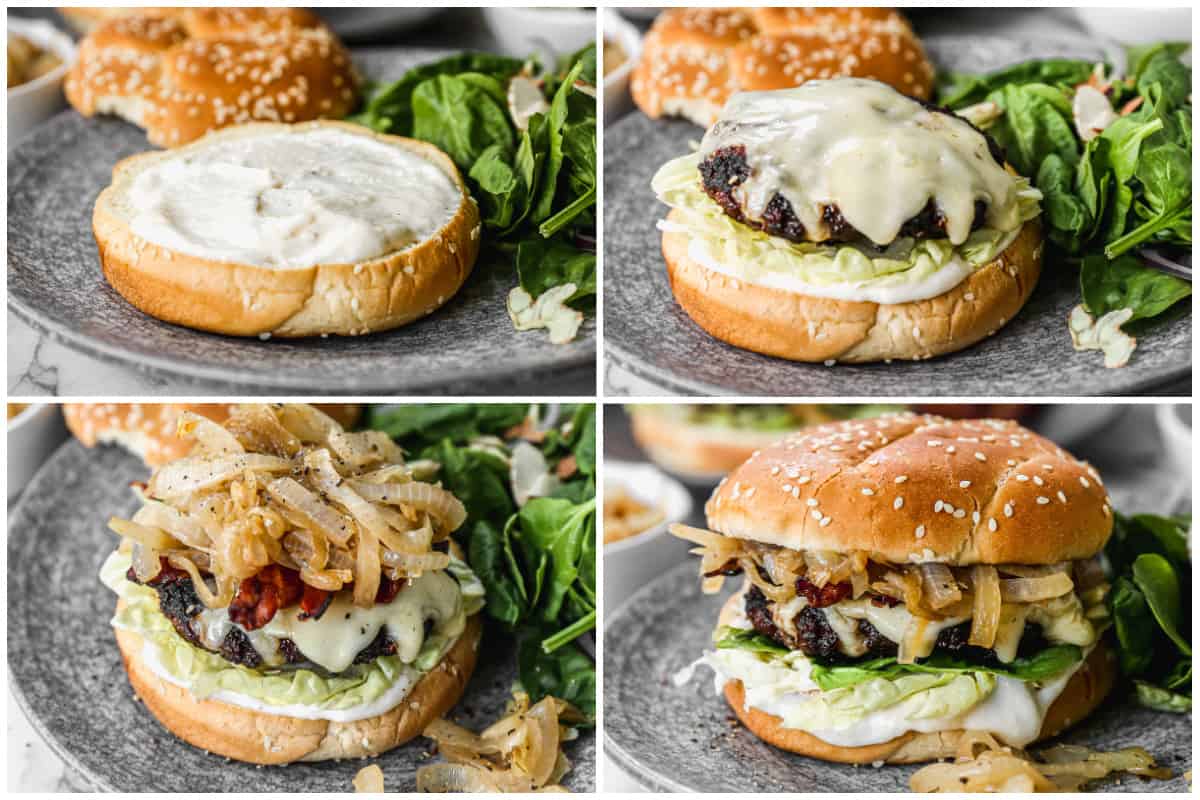 Four process images showing how to assemble the best onion burger recipe, with horseradish sauce, burger with cheese, bacon and carmelized onions, and the top bun to finish it off.