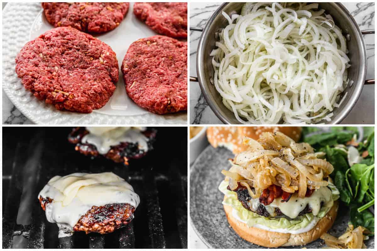Learn how to make French Onion Burgers better than the restaurant with some onion soup mix right in the meat, topped with caramelized onions and Gruyere cheese, bacon, and the best horseradish aioli. 
