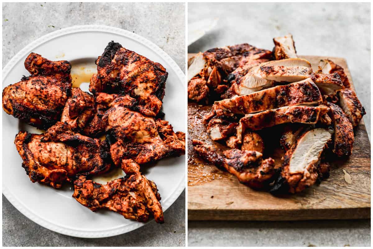 Two images with a plate of grilled chicken thighs, then the chicken thighs sliced for easy street tacos.