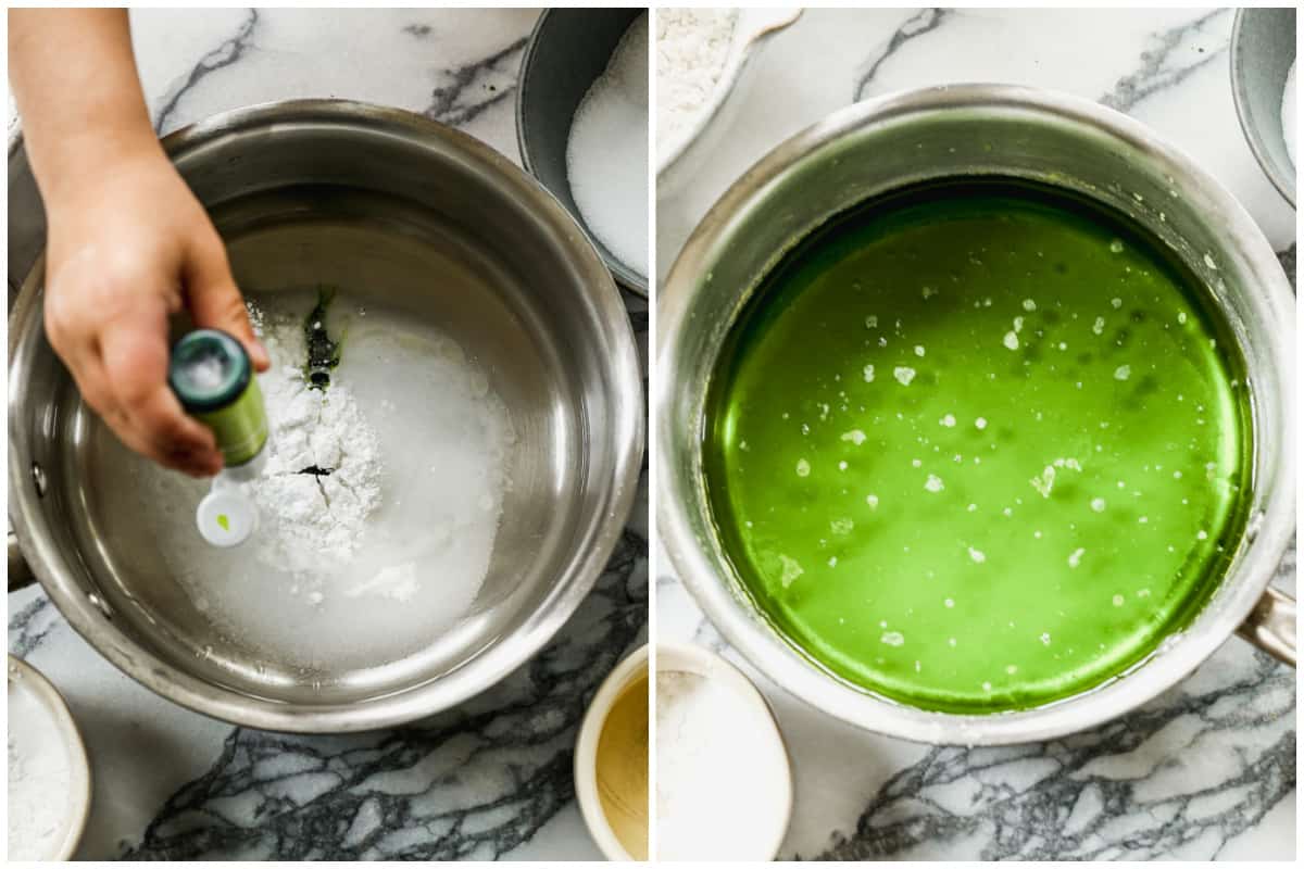 Two process photos for making playdough by adding cream of tartar, water and food coloring to a saucepan.