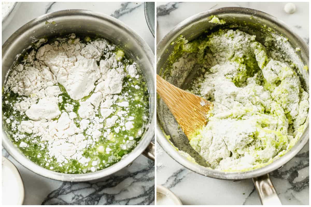 Two process photos for adding flour to a saucepan to stir together playdough.