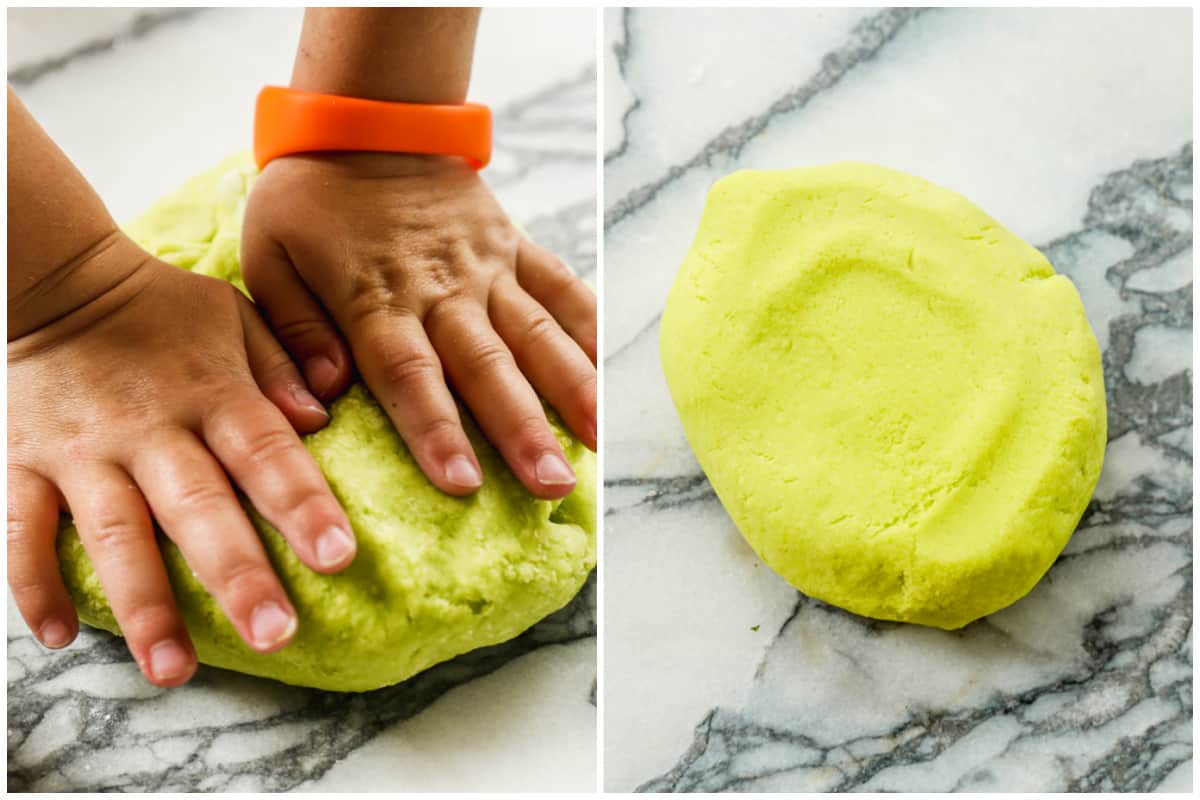Two process photos for kneading homemade playdough until smooth.