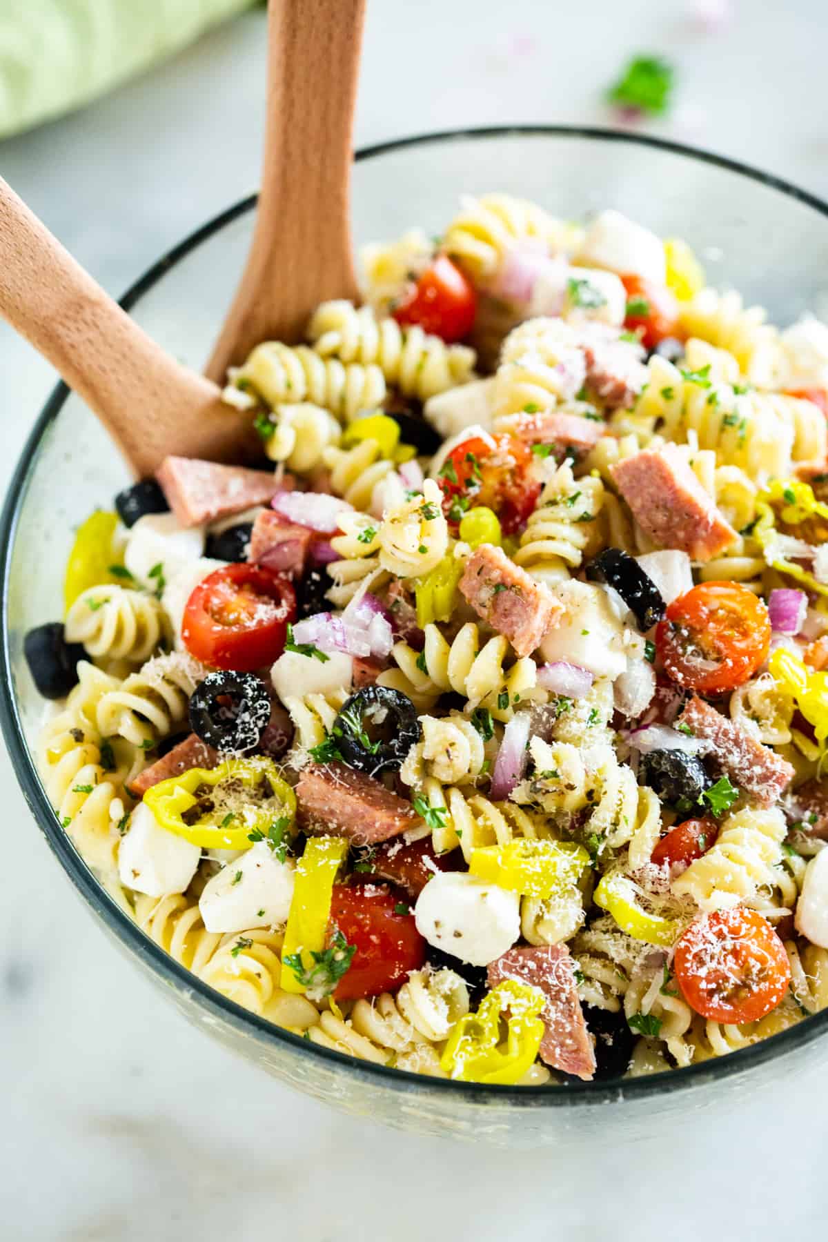 A close-up image of easy Italian Pasta Salad, ready to serve.