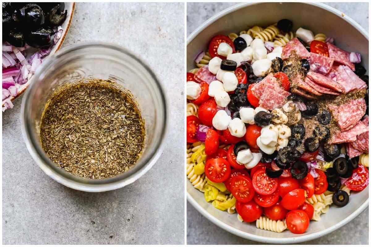 Two images showing an Italian Pasta Salad recipe in a mason jar then after everything is dumped in a big bowl for an easy Italian pasta salad recipe.