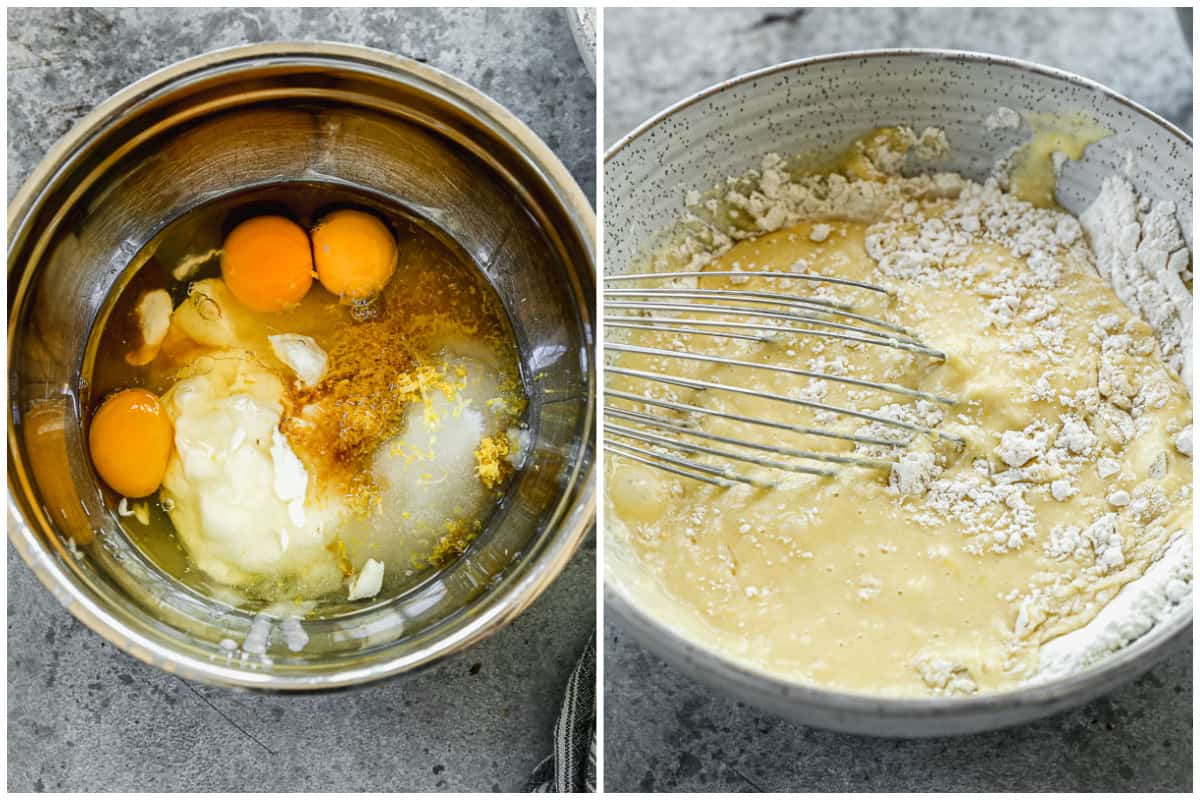 Two images showing eggs, sugar, yogurt, lemon zest, vanilla, and oil together, then it poured into the dry ingredients to make a Lemon Blueberry Batter.