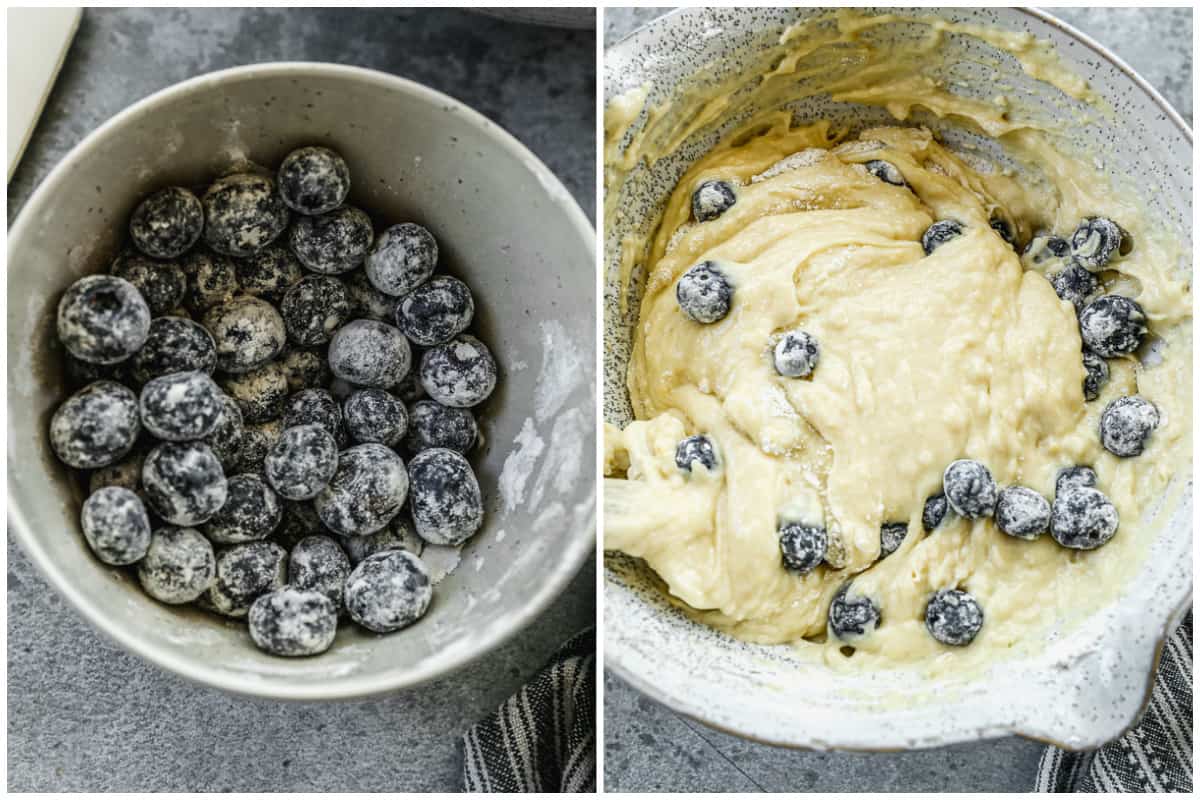 Two images, the first with blueberries in a bowl tossed with flour, then the blueberries being folded into a Lemon Blueberry batter.