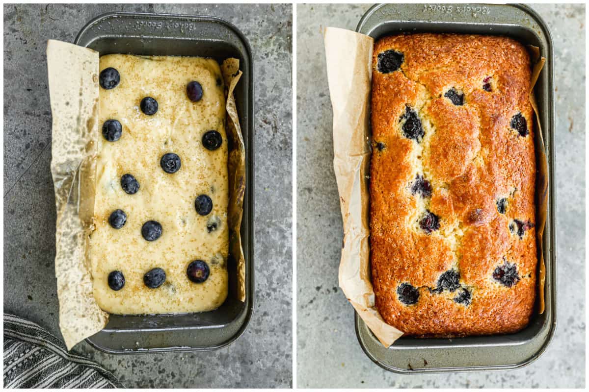 Two images showing a loaf of homemade Lemon Blueberry Bread before and after baking.