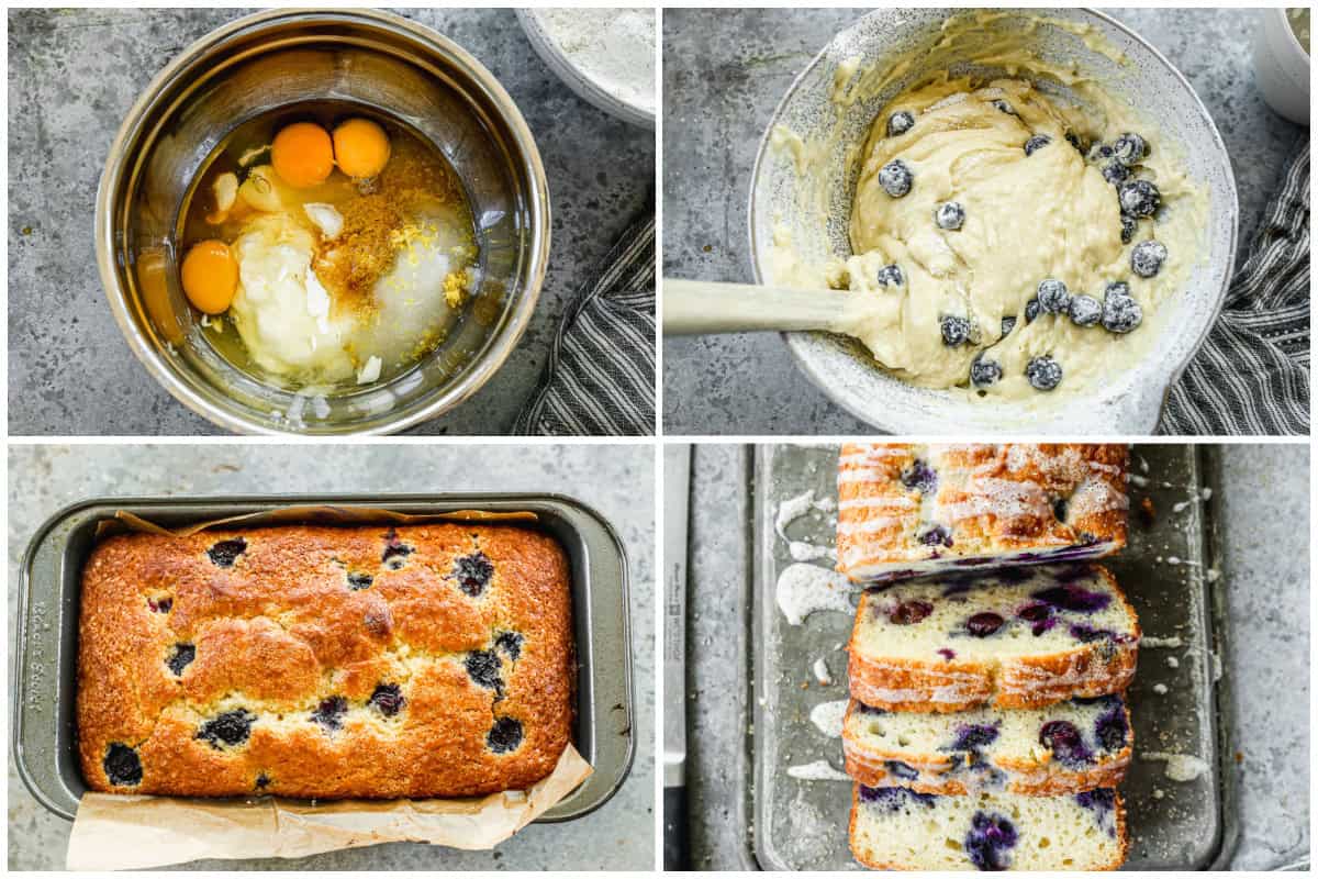 Four images showing how to make blueberry lemon bread by combining the ingredients, fold in the blueberries, then bake in the loaf pan and serve.