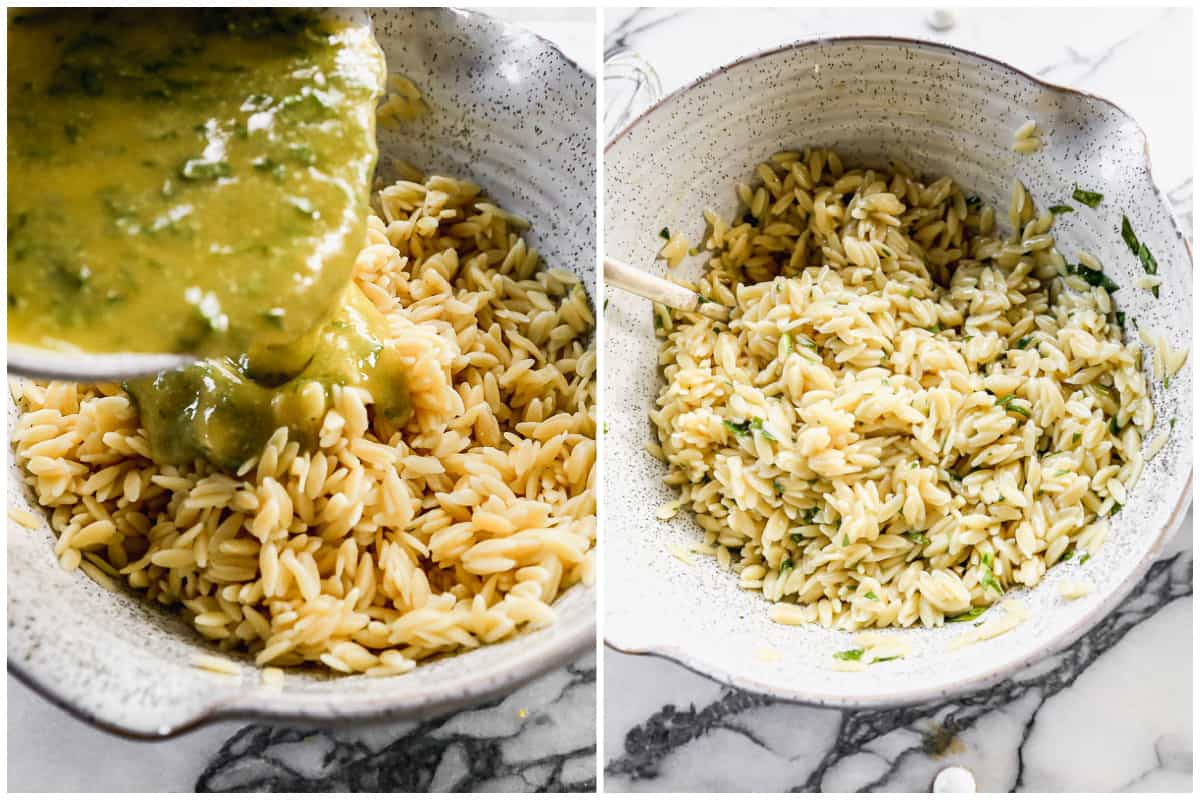 Two images showing a salad dressing being poured on top of Orzo pasta, then it stirred together.