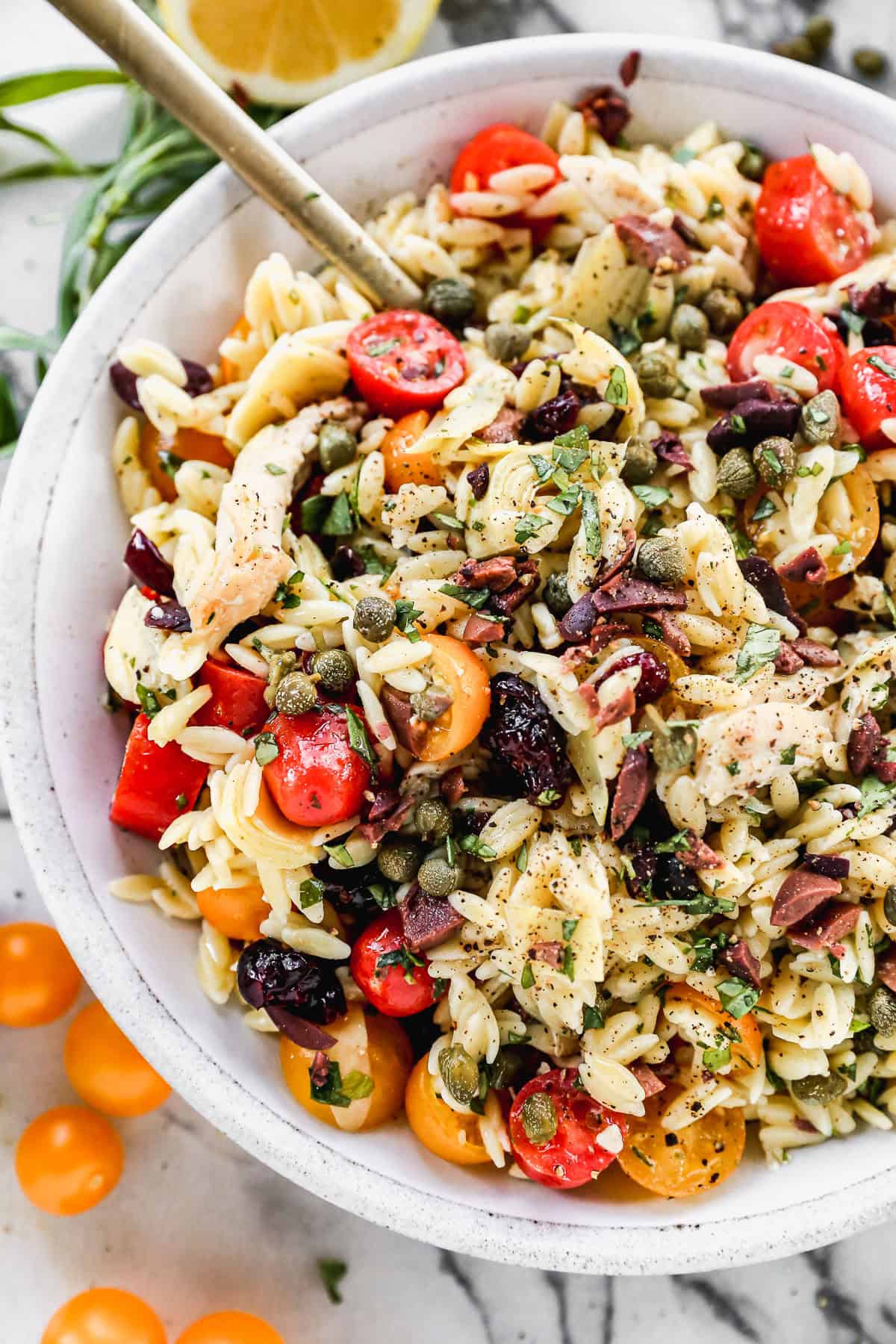 A close up image of a bowl of a chicken orzo salad recipe with fresh ingredients and bursting with flavor!