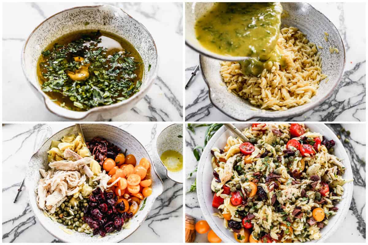 Four images showing how to make a mediterranean orzo salad recipe by making the dressing then combining the orzo pasta with all of the ingredients.