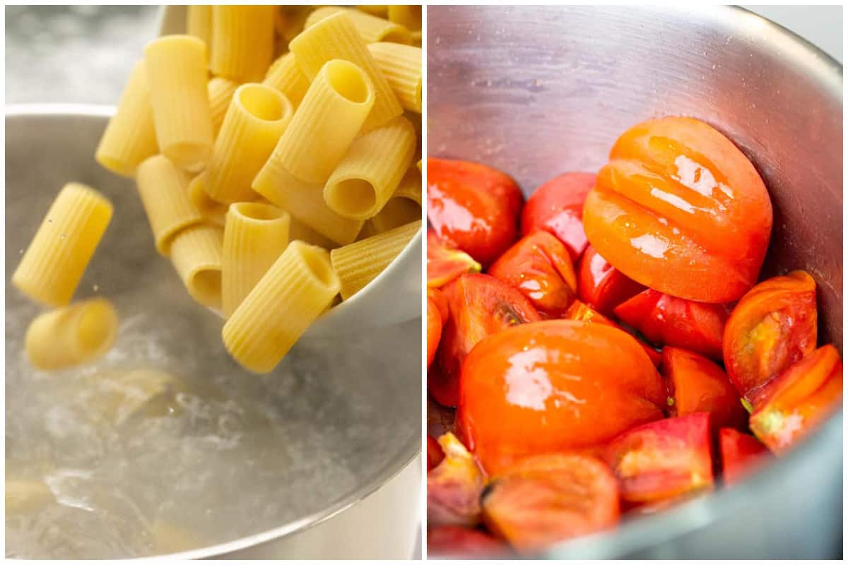 Two images showing rigatoni pasta being poured into boiling water, and a pot full of chopped tomatoes.