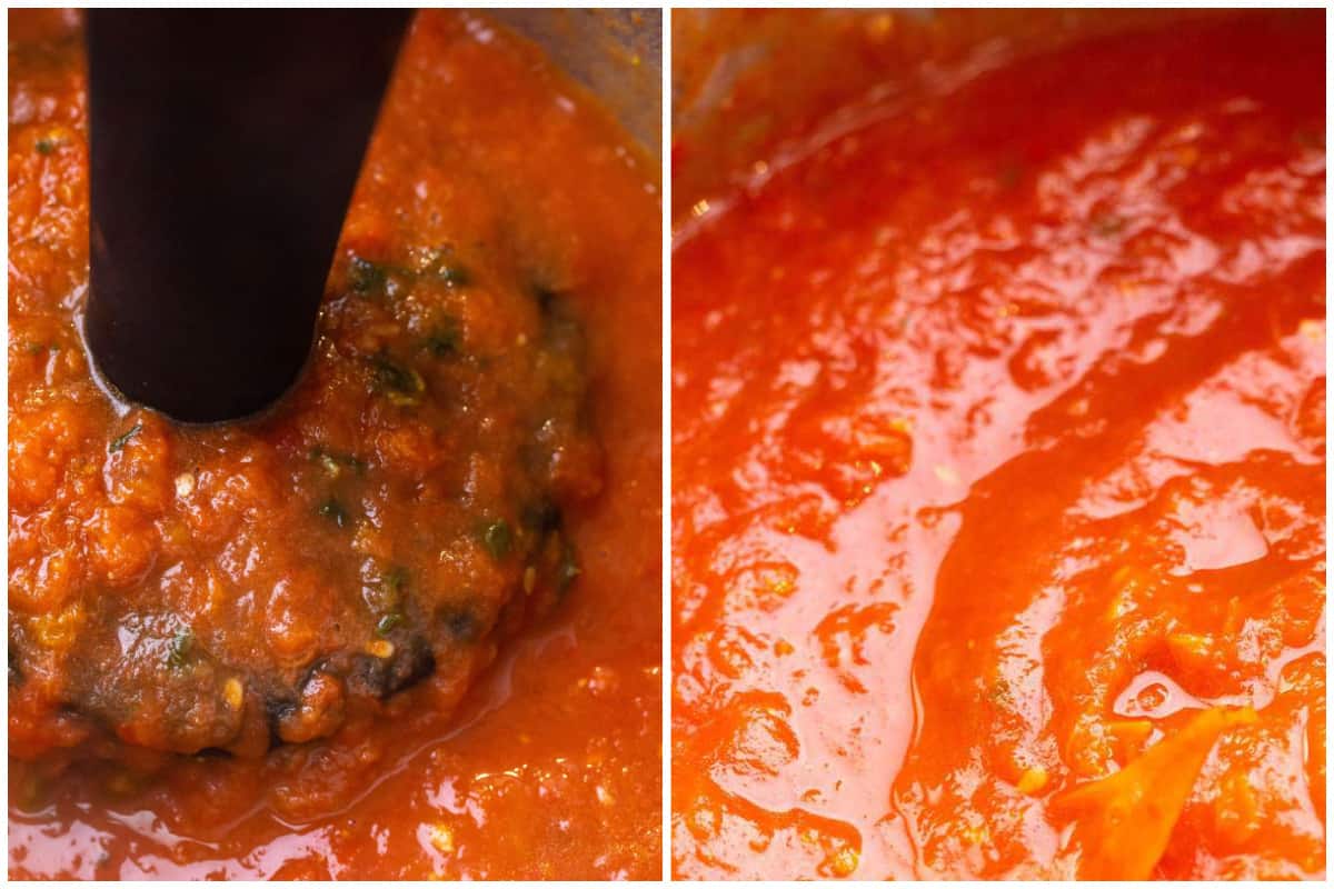 Two images showing a chunky Pasta Alla Norma sauce being pureed with an immersion blender.