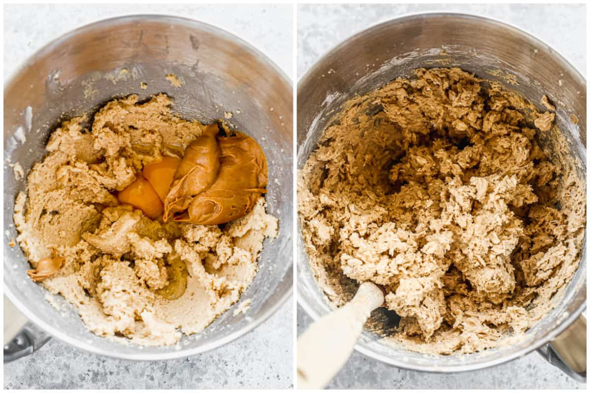 Two images showing butter and sugar creamed together with eggs and peanut butter added, then the finished batter for the best peanut butter bars.