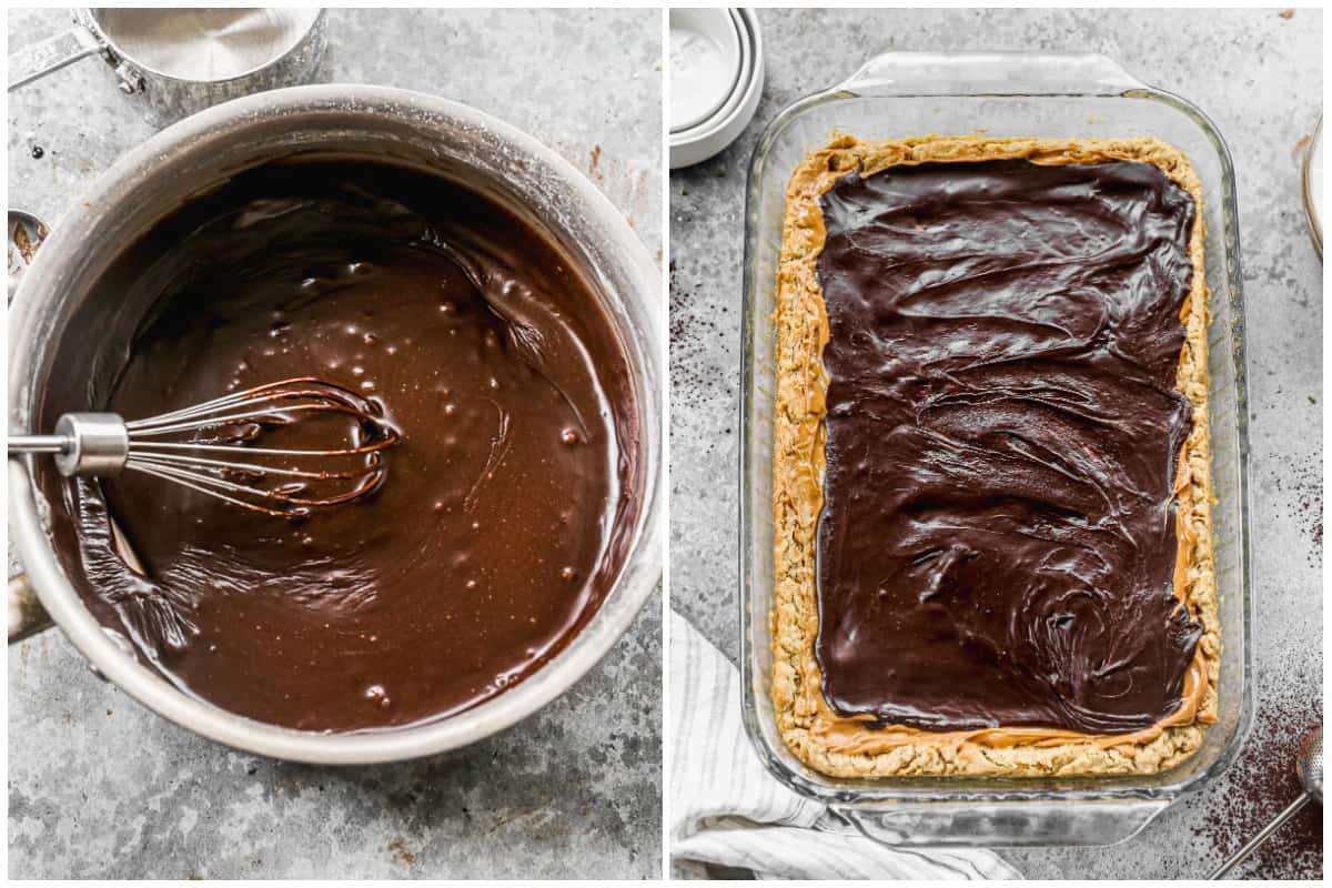 Two images showing homemade chocolate frosting in a saucepan, and then after it's poured on top of homemade peanut butter bars.