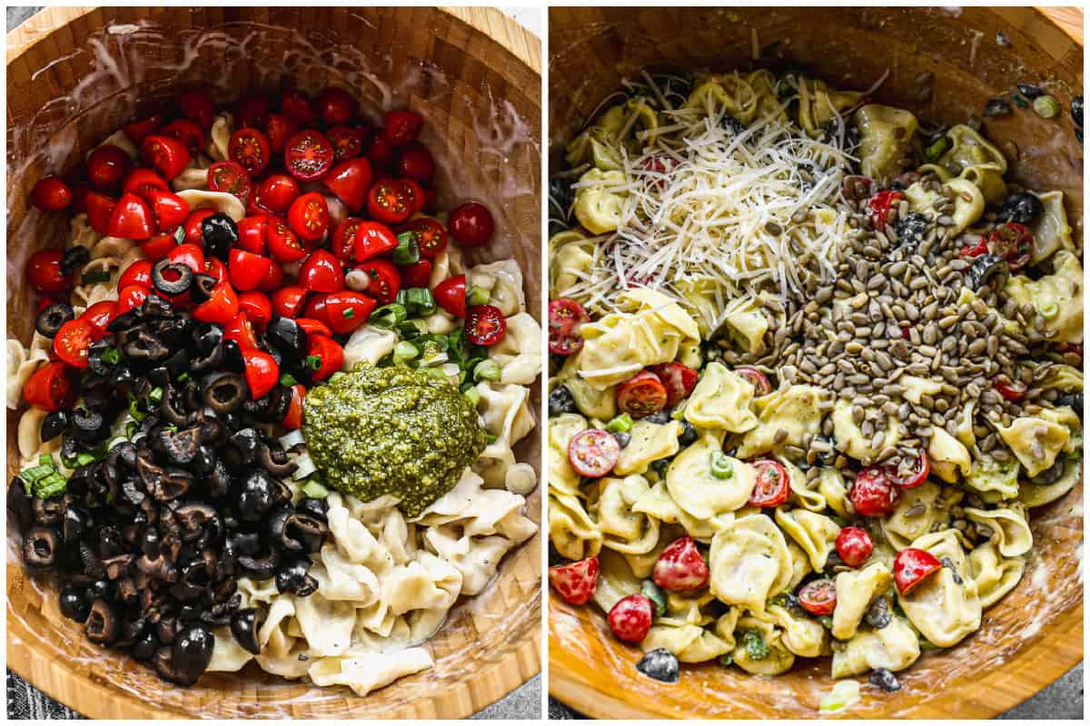 Two images with tortellini pasta tossed in caesar dressing and topped with olives, tomatoes, and pesto, then all of that mixed in and topped with sunflower seeds and parmesan cheese.